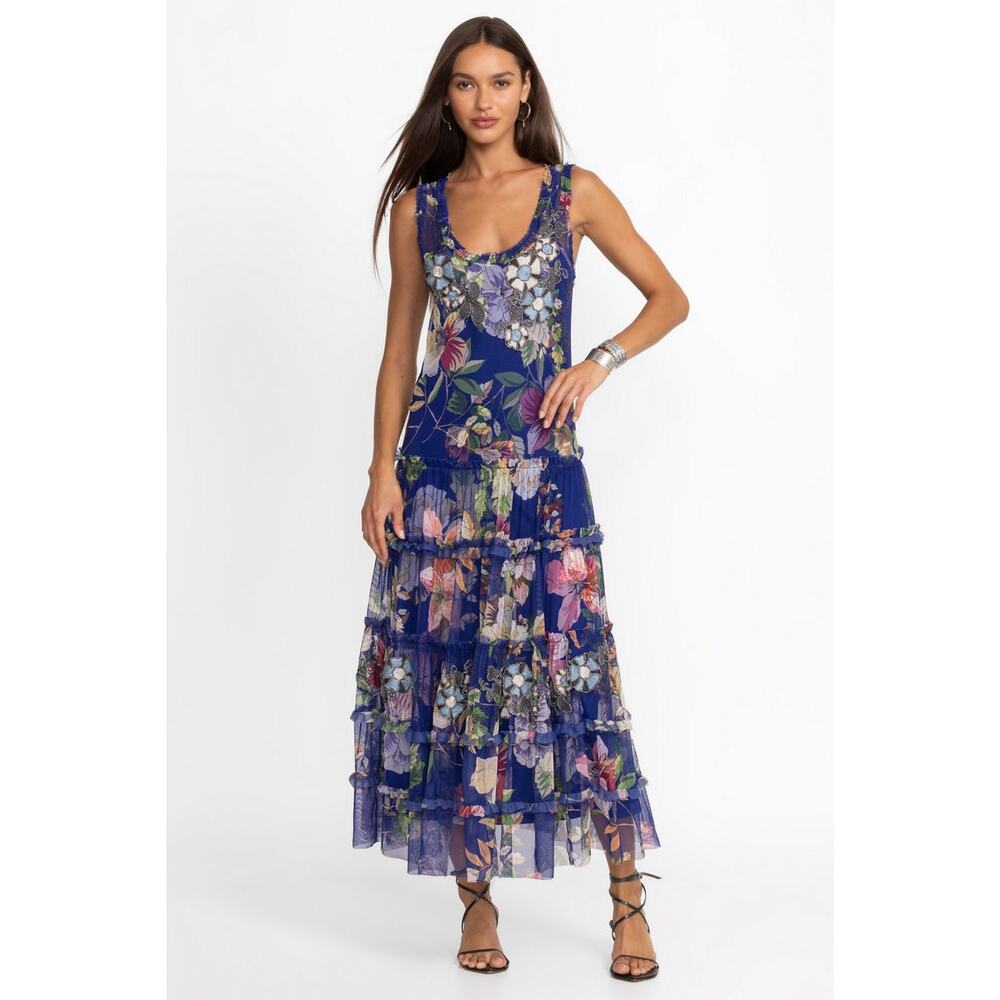 Johnny Was Women's Small Mazzy Ruffle Dress Blue Floral Embroidered Beaded